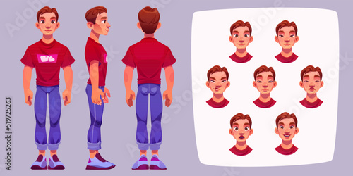Standing man in front, side and back view and his face with different emotions. Vector cartoon illustration of guy smile, cry, laugh, sad, angry and scared. Male character facial expression set