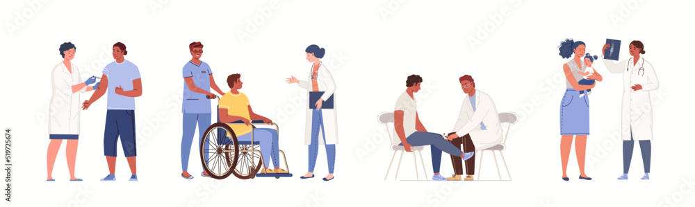 Set of doctors and patients characters. Traumatology medical care, pediatrics, diagnosis and treatment, vaccination. Concept of healthcare for children and adults. Vector flat cartoon illustration.
