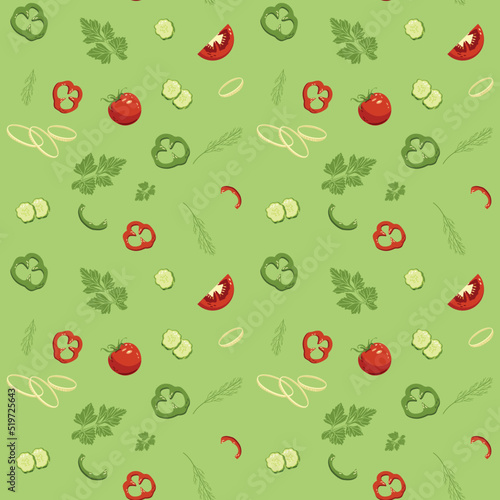 Fototapeta Naklejka Na Ścianę i Meble -  Seamless pattern of a set of vegetables for salad on a green background. Vector illustration for decor and wrapping paper
