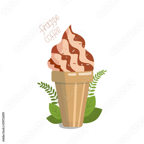 Frappe coffee, cola with ice cubes in disposable plastic cups. Frappuccino with whipped cream, chocolate or caramel filling and carbonated drink. Strawberry, berry cream. Cold drinks. Vector .
