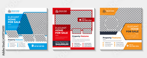 Modern and creative real estate social media post template, Set of Social media post template design for real estate, home, or other business promotion, Creative real estate social media post design
