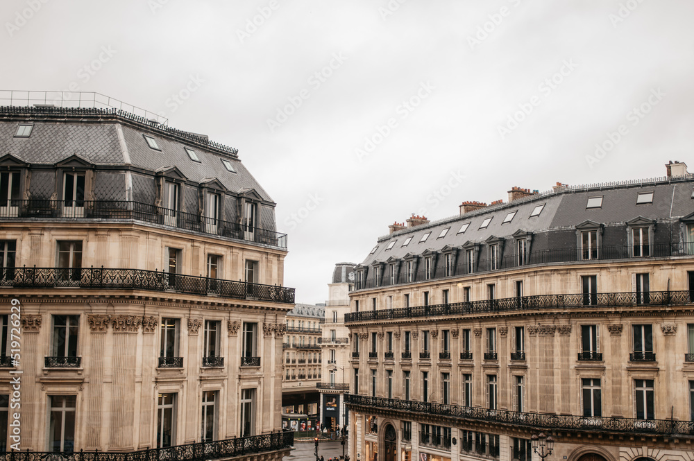 Beautiful Paris buildings in city center with European style on a cloudy day in winter. 