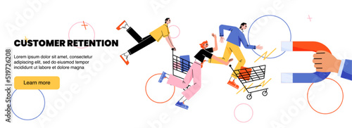 Customer retention banner. Concept of attract loyalty clients, marketing strategy. Vector landing page with flat illustration of people with shopping carts run to hand holding magnet