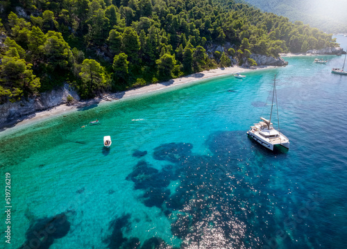 Aerial view of the beautiful Ftelia beach with emerald sea and Pine Trees at Skopelos island, Sporades, Greece