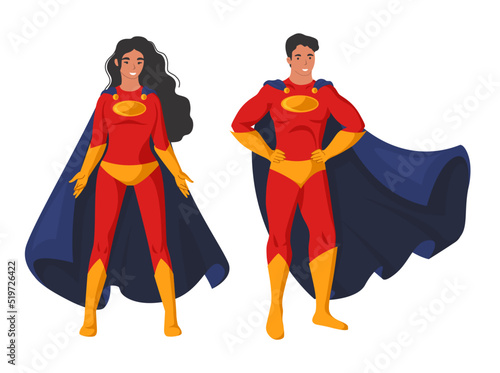 Man and woman superhero in mask and cloak vector