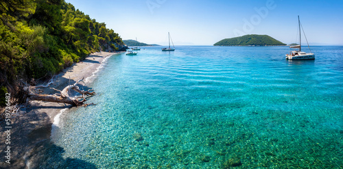 Fototapeta Naklejka Na Ścianę i Meble -  Panoramic view of the beautiful Ftelia beach with emerald sea and Pine Trees at Skopelos island, Sporades, Greece