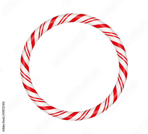 Christmas candy cane circle frame with red and white striped. Xmas border with striped candy lollipop pattern. Blank christmas and new year template. Vector illustration isolated on white background.
