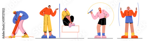 People create personal space, privacy and boundary to limit access and protect from outer world. Introvert characters drawing circles and lines to stay in safe zone, Line art flat vector illustration
