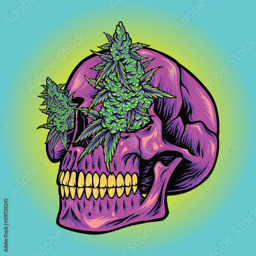 Scary head skull with kush Vector illustrations for your work Logo, mascot merchandise t-shirt, stickers and Label designs, poster, greeting cards advertising business company or brands.