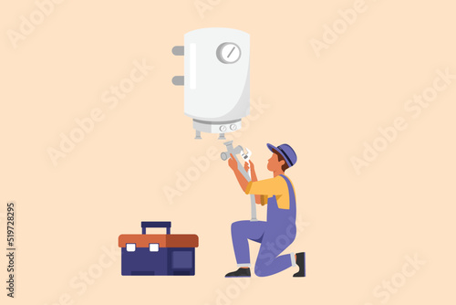 Business flat cartoon style drawing repairman or plumber in overalls installing water heater or boiler. Home repair, maintenance plumbing services. Handyman concept. Graphic design vector illustration