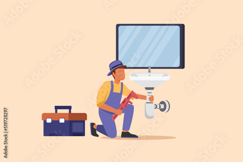 Business design drawing repairman or plumber repairs sink in bathroom and plumbing pipe. Handyman makes house repair works. Home repair and maintenance services. Flat cartoon style vector illustration