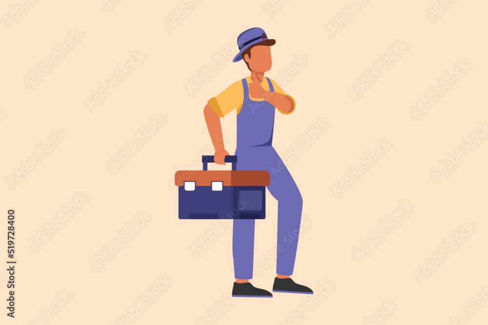 Business design drawing handyman plumber standing and holding tools box in hands. Professional repairman in overalls ready for work. Home decoration services. Flat cartoon style vector illustration Business design drawing handyman plumber standing and holding tools box in hands. Professional repairman in overalls ready for work. Home decoration services. Flat cartoon style vector illustration