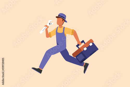 Business flat cartoon style drawing mechanic repairman worker with tools is running. Technical service. Plumber with monkey wrench and toolbox run forward. Handyman. Graphic design vector illustration