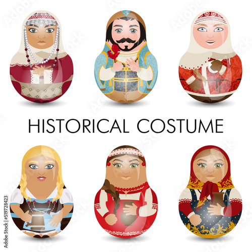 Design tilting toy. Set boyars and peasants in historical costumes from different regions of the Russian Empire. Modern kawaii dolls for your business project. National Historic Character Set. Vector.