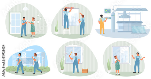 Plastic window install service vector scene set