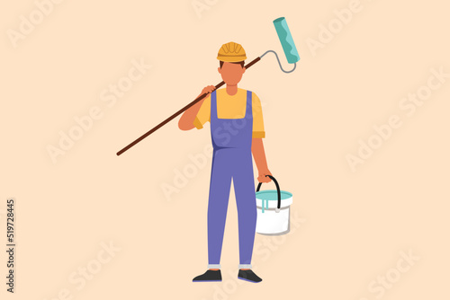 Business design drawing handyman or painter standing with bucket and paint roller. Professional repairman in overalls working on apartment or home renovation. Flat cartoon style vector illustration
