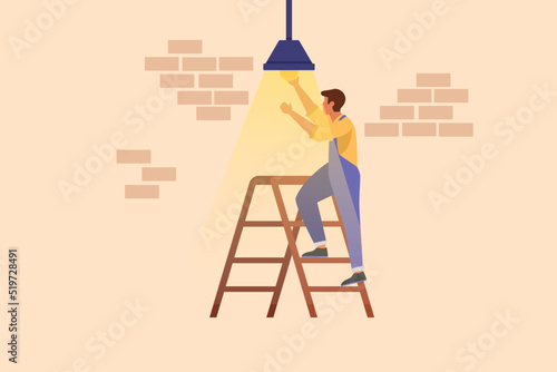 Business flat drawing worker electrician standing on ladder change light bulb. Professional repairman in overalls and helmet working. Electricity reparation concept. Cartoon design vector illustration