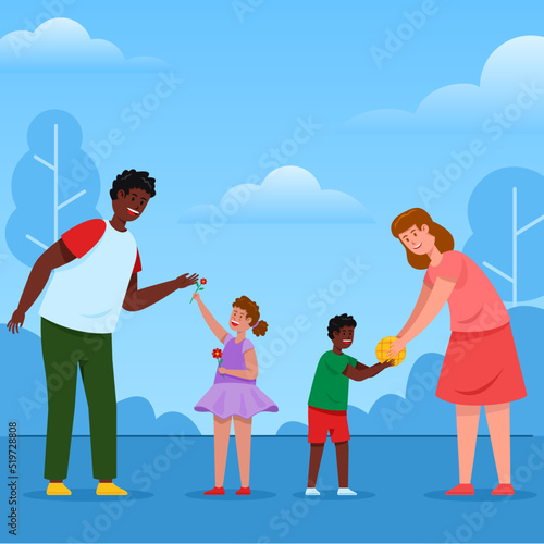 Family member with diverse color skin playing around.