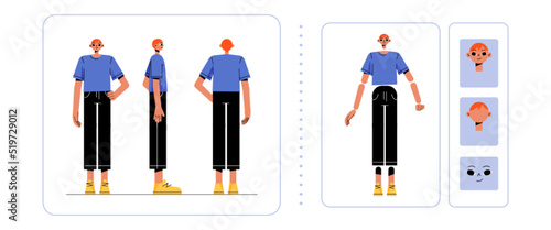 Male character animation personage side, rear, front view and emotions. Young caucasian man body and face construction. Cartoon redhead guy wear t-shirt and black pants, Line art flat vector set
