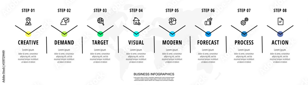 Infographic vector arrow design with 8 steps. Infographics for business concept with eight icons. Used for diagram, presentations banner, timeline, process, chart, info graph Infographic vector arrow design with 8 steps. Infographics for business concept with eight icons. Used for diagram, presentations banner, timeline, process, chart, info graph