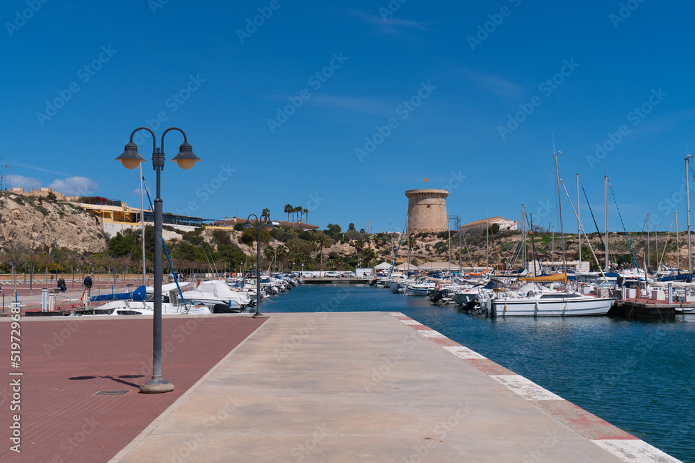 El Campello Spain marina and boats with tower in background Costa Blanca coast
