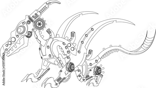 A pteranodon robot in a metallic steampunk style coloring book. A cyborg dinosaur on a white background.
