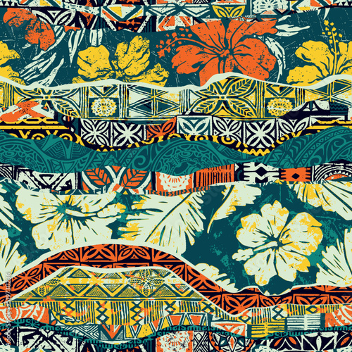 Hawaiian tribal elements and hibiscus fabric patchwork abstract striped vector seamless pattern