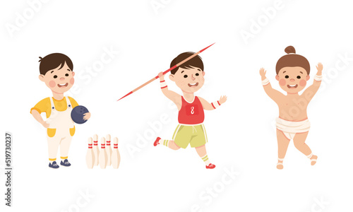 Cute Little Boy Throwing Javelin and Playing Ten-pin Bowling Practicing Sport and Physical Activity Vector Set
