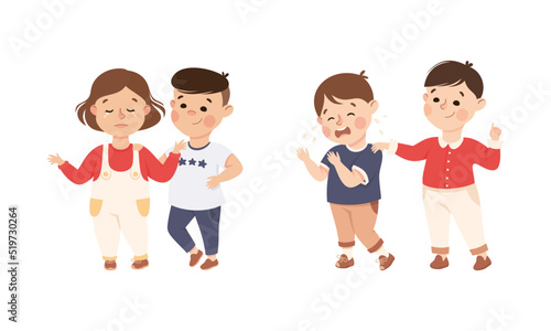 Little Kid Supporting and Comforting Sad Friend Vector Illustration Set