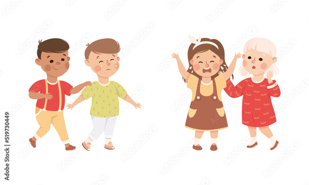 Little Kid Supporting and Comforting Sad Friend Vector Illustration Set Little Kid Supporting and Comforting Sad Friend Vector Illustration Set