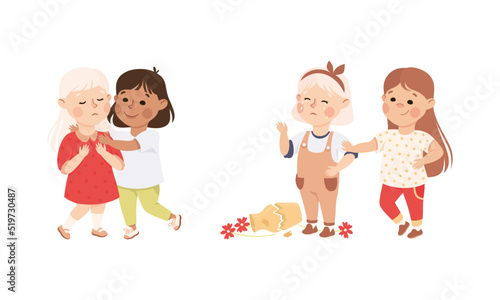 Little Girl Supporting and Comforting Sad Crying Friend Vector Illustration Set