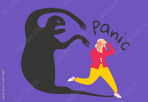 panic attack scared  woman run away from her shadow monster vector illustration
