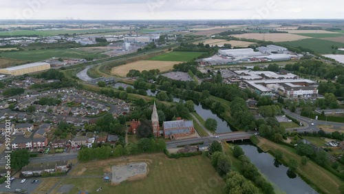 Spalding, Lincolnshire. St Paul's Church, Power Station, Springfields and Royce Road Estate aerial video July 2022 photo