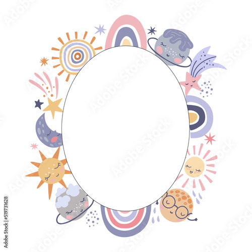 Creative kids hand drawn composition. Frame of cute rainbows, sun, moon, stars and planets. For the design of postcards, posters, invitations, greetings, congratulations. Vector graphics.