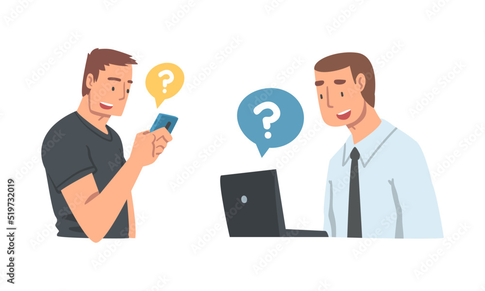 Young Man Character Asking Question Using Internet Search System on Smartphone and Laptop Vector Set