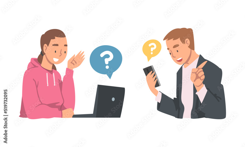 Young Man and Woman Character Asking Question Using Internet Search System on Smartphone and Laptop Vector Set Young Man and Woman Character Asking Question Using Internet Search System on Smartphone and Laptop Vector Set
