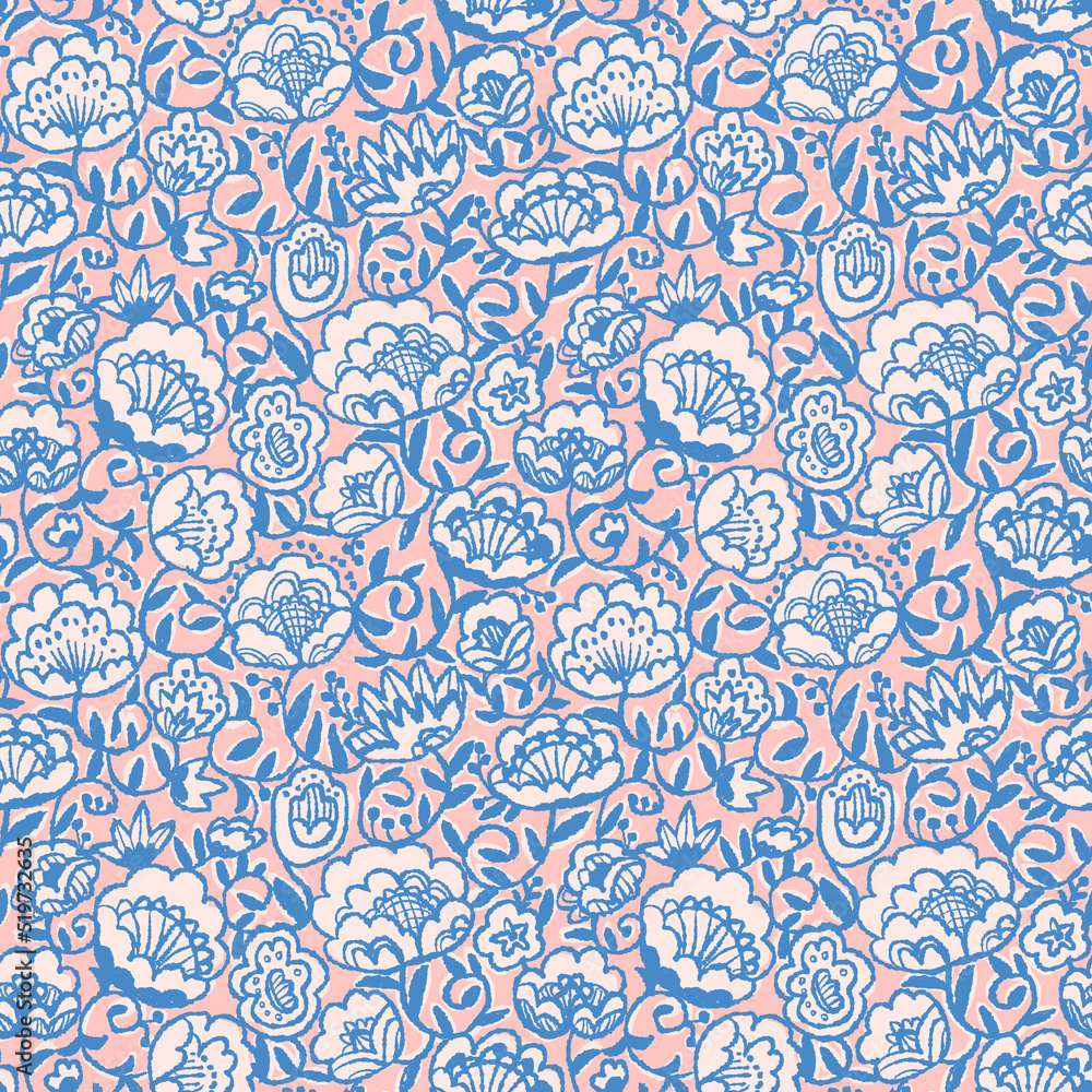 手描き　細かな花とツタの模様　シームレスパターン（ライトピンク）