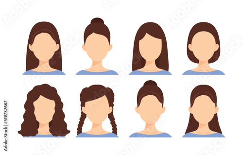 Faceless Female Faces. Set. Brunette Women Blank Empty Faces with Beautiful Hairstyles. Caucasian Skin. Brown Hair. Front view. Template. Color Cartoon style. White background. Vector illustration.