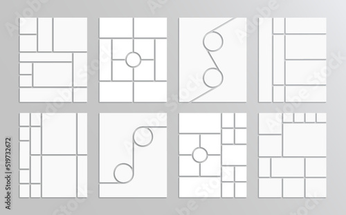 Scrapbook grid set. Photo collage layout. Mood board background. Moodboard template collection. Mosaic picture frame. Gallery banner. Album brandboard. Portfolio images. Vector illustration
