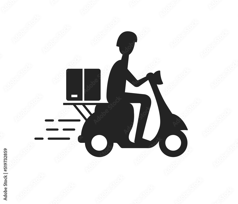 Delivery fast service man riding scooter flat icon design vector. Courier marketplace online shipping symbol illustration. Delivery fast service man riding scooter flat icon design vector. Courier marketplace online shipping symbol illustration.