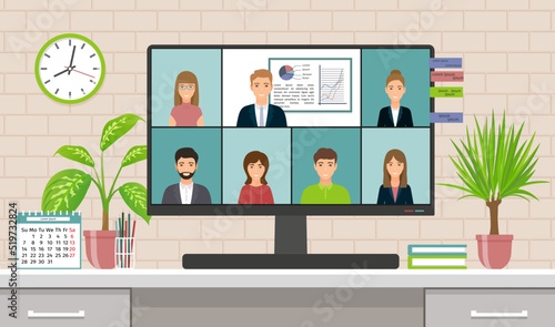 Virtual online conference. Video business meet. Remote teleconference. Distance group call from home. Webinar room for businessmen team. Vector illustration. Flat design.