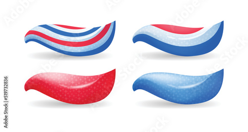 Smear of Toothpaste on a white background. Set. Blue Red Color. Stripped Toothpaste with Small Glitter. Oral Hygiene. Apply Paste to Toothbrush. Realistic Style. Vector illustration for Dental Design.