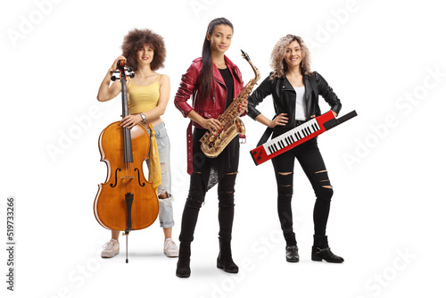 Band of young trendy female musicians with a cello, sax and a keytar photo