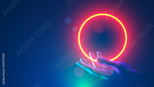 Futuristic round red neon frame over hand human. Abstract circle light hanging over palm of scientist. template banner for technological presentation with place for logo. Future science background.