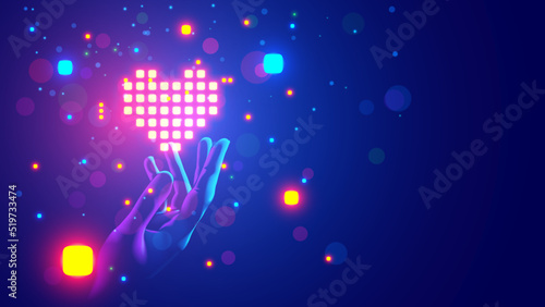 Pixel tech heart on hand of online doctor. Digital hologram of shape heart over palm of surgeon. Online medicine and internet telemedicine concept. Modern technology of cardiology. Digital medicine.