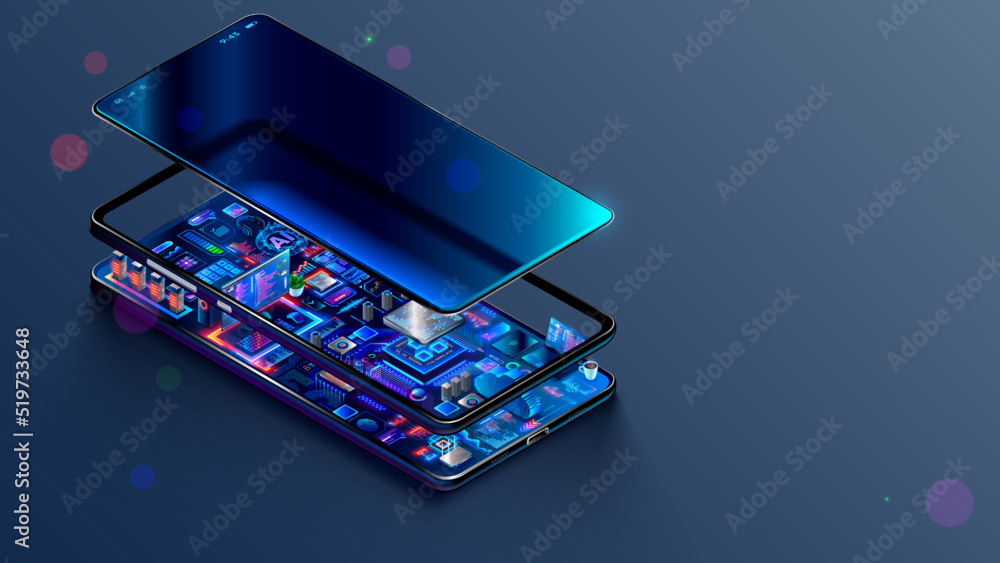 © AndSus - Phone mobile application development concept. Develop Software, hardware of mobile devices. Phone apps engineering. Electronic world inside smartphone. Programming of mobile internet web services. IOT