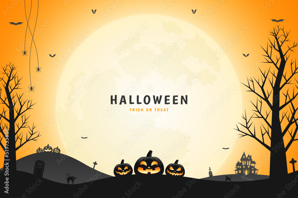 Halloween pumpkin lanterns, haunted house and spooky trees with orange sky and moonlight background.