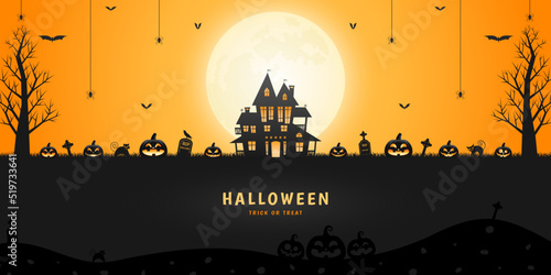 Halloween haunted house, pumpkin lanterns and spooky trees with orange sky and moonlight background.