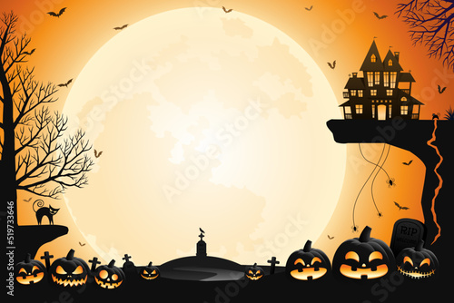 Halloween pumpkin lanterns, haunted house and spooky trees with orange sky and moonlight background.