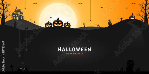 Halloween pumpkin lanterns, haunted house and spooky trees with orange sky and moonlight background.